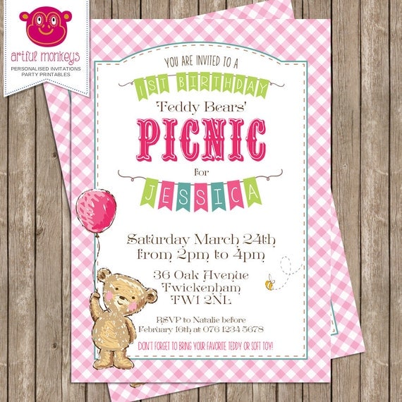 Printable Pink Teddy Bears' Picnic Invitation