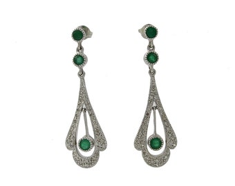 18K White Gold Diamond Emerald Drop Earrings