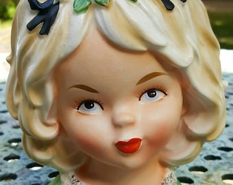 Vintage pretty young girl head vase with blonde hair and green dress, vintage head vase