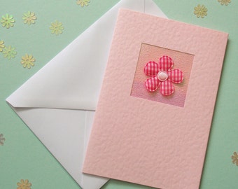 Birthday Card, wife, mum, friend, daughter, girlfriend, for her, dark pink gingham flower, pretty in pink, modern, recycled envelope