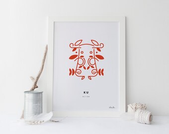 8x10 "Ku" (Cow) Nordic Word Print, red and white, Norwegian Scandinavian folk art illustration