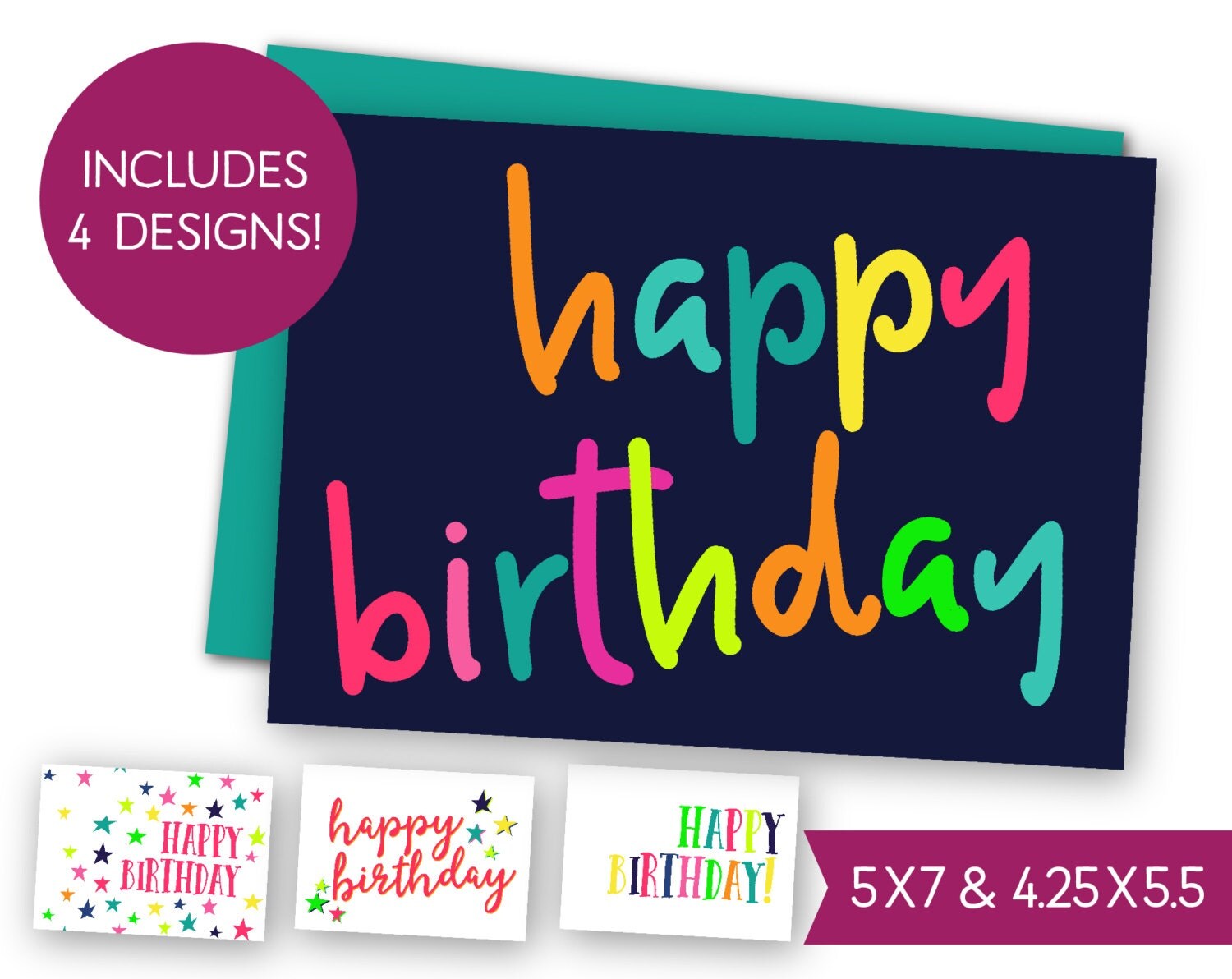 Happy Birthday Printable Card Bundle Instant Download B-day