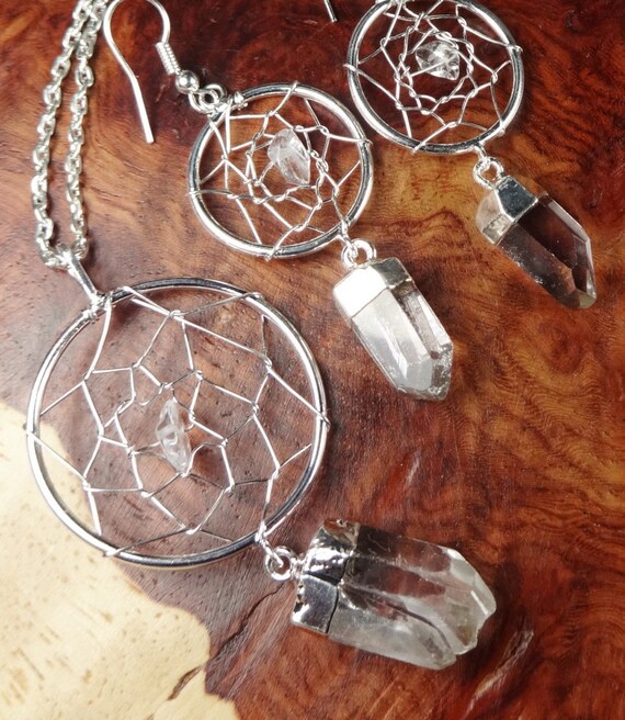 Dream Catcher Necklace and Earring Set Quartz Crystal Point