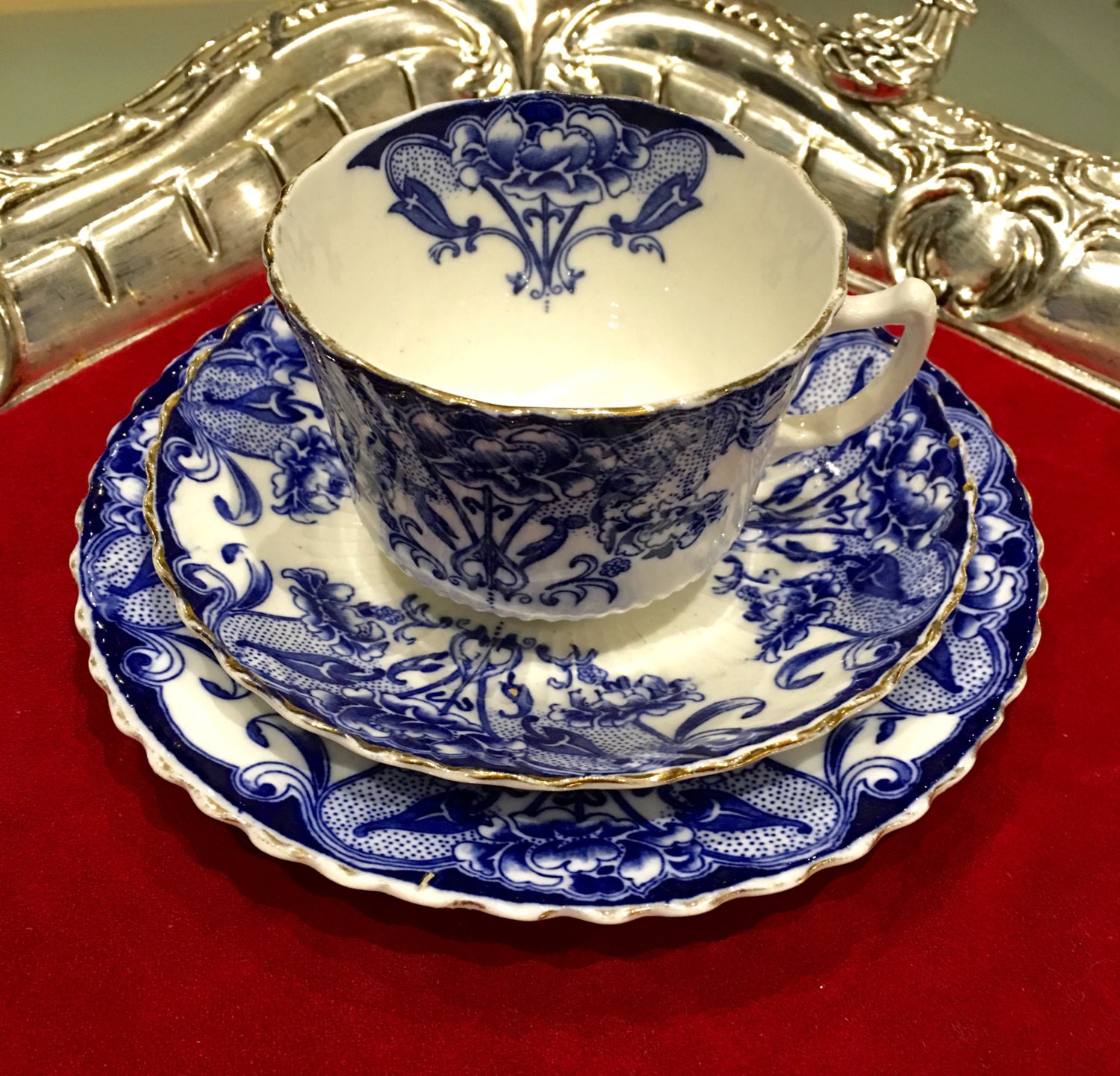 Trio Flow Blue China Antique China Flow Blue Cup and Saucer/