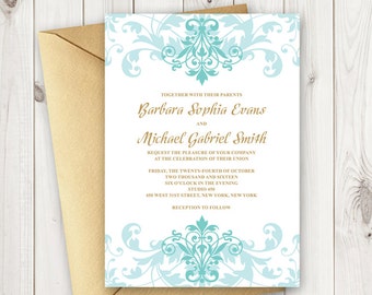 DIY Wedding Invitation Template "Elegant Ironwork" with Ornaments in Turquoise and Gold Wording. Printable Wedding Invites, MS Word Format.