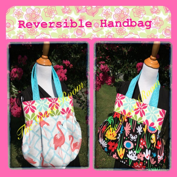 Items similar to Flamingo and Floral Reversible Handbag with Padded ...