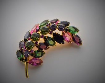 Domed Leaf Brooch D & E Juliana Vibrant Spring Color Rhinestone Brooch/Pin