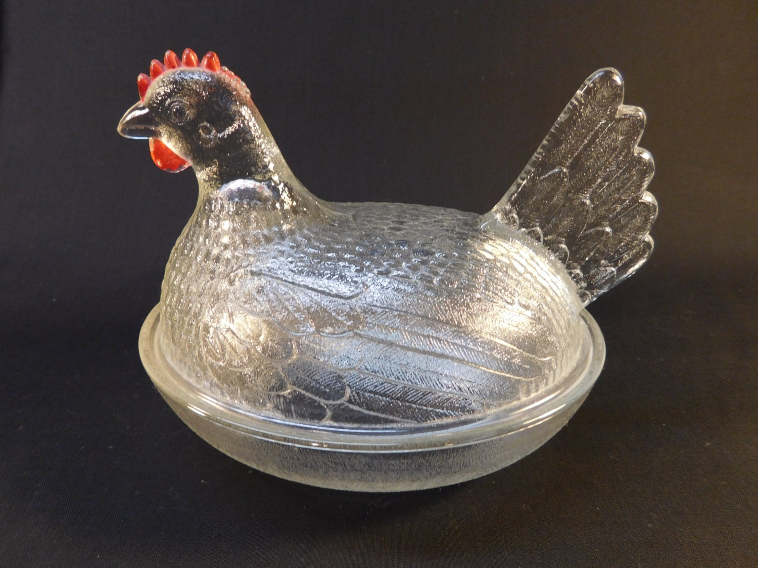 Vintage Indiana Glass Hen on Nest Clear Glass Hen on a Basket