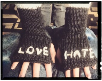 Love/Hate stitched fingerless gloves