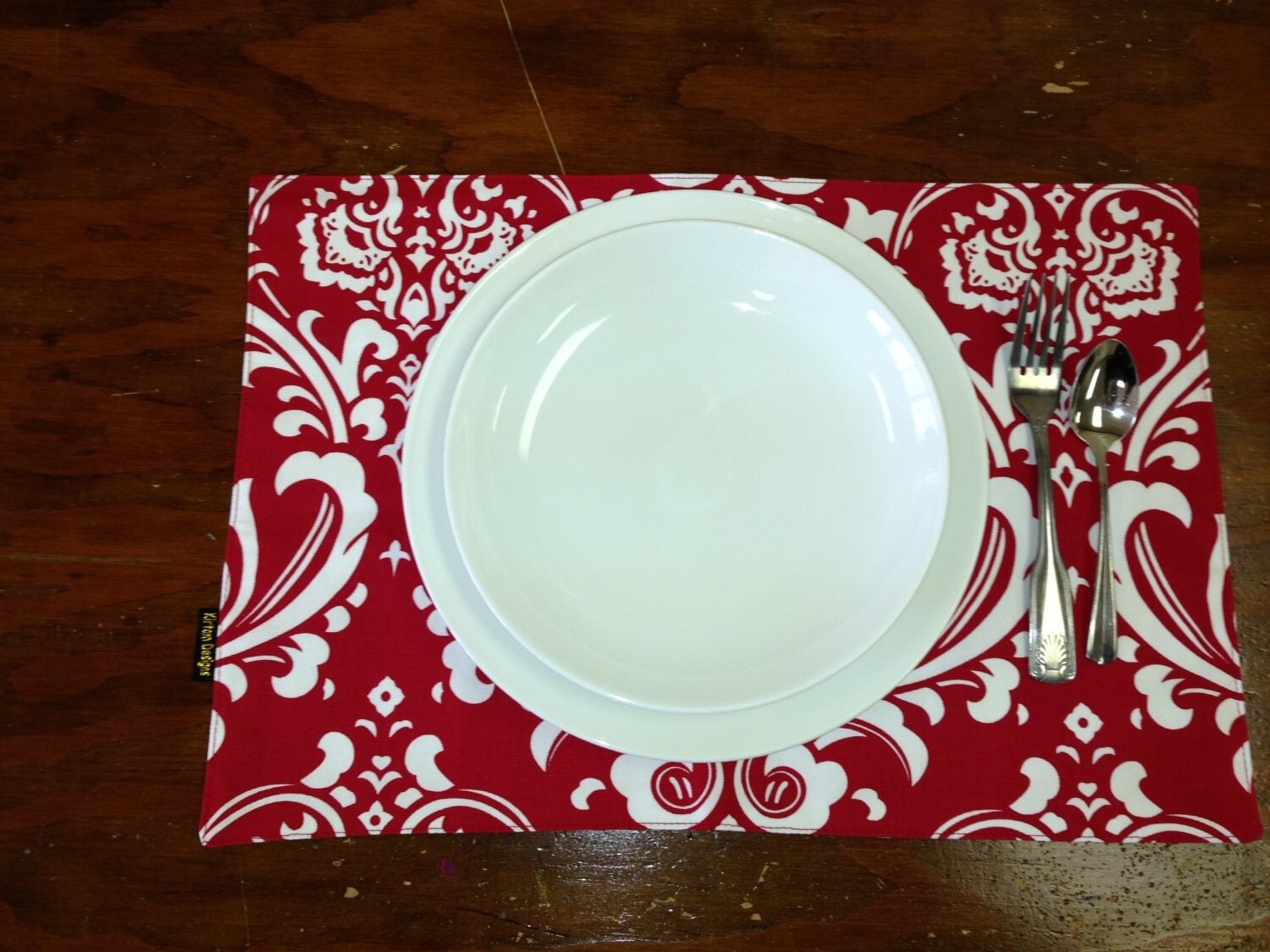 Set of 6 cotton fabric Placemat red white ozborne damask
