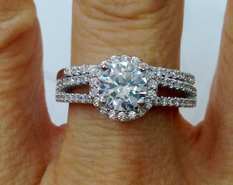 Round Split Shank Halo CZ Wedding Rings Set Engagement Bridal 1.25 Carat Cubic Zirconia Sterling Silver Rhodium