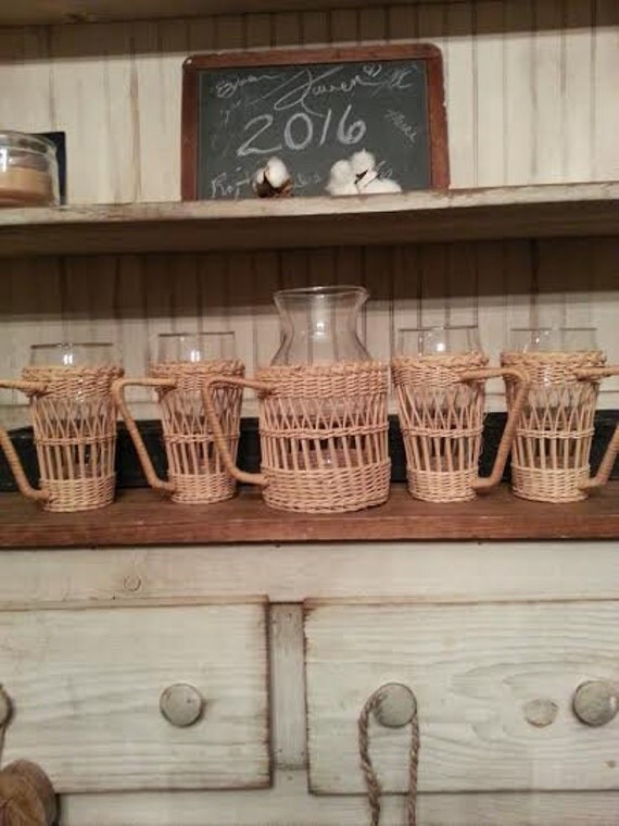 vintage wicker rattan pitcher and glass set Wicker Glass Set