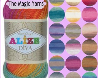 Alize Diva batik- silk effect,, Microfiber acrylic yarn,light weight,sport,4 ply, batik colors,self stripping yarn,
