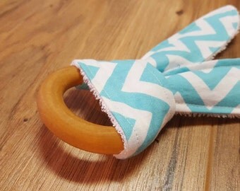 Baby Teething Ring- teething toy, wood teether, baby boy, blue chevron, organic, baby shower gift