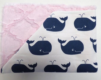 READY TO SHIP - Navy Whales Baby Blanket - Premier Prints- Minky Blanket - Travel Blanket