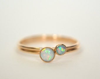 Set of Two 14k Solid Gold Opal Rings, 14k Gold Opal Ring, Opal Ring Gold, Stackable Ring, Stacking Ring, White Opal, Pink Opal, Blue Opal