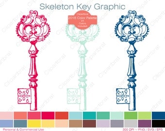 SKELETON KEY Clipart Commercial Use Clipart Antique Key Graphic 2016 Color Palette 24 Colors Vintage Key Vector Graphic Sticker Png Eps Svg