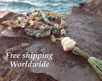 Green Agate Mala Necklace, 108 Mala Beads Necklace, Agate Mala Beads, Healing Crystal Necklace, Buddhist Mala Necklace, Yoga Mala Necklace