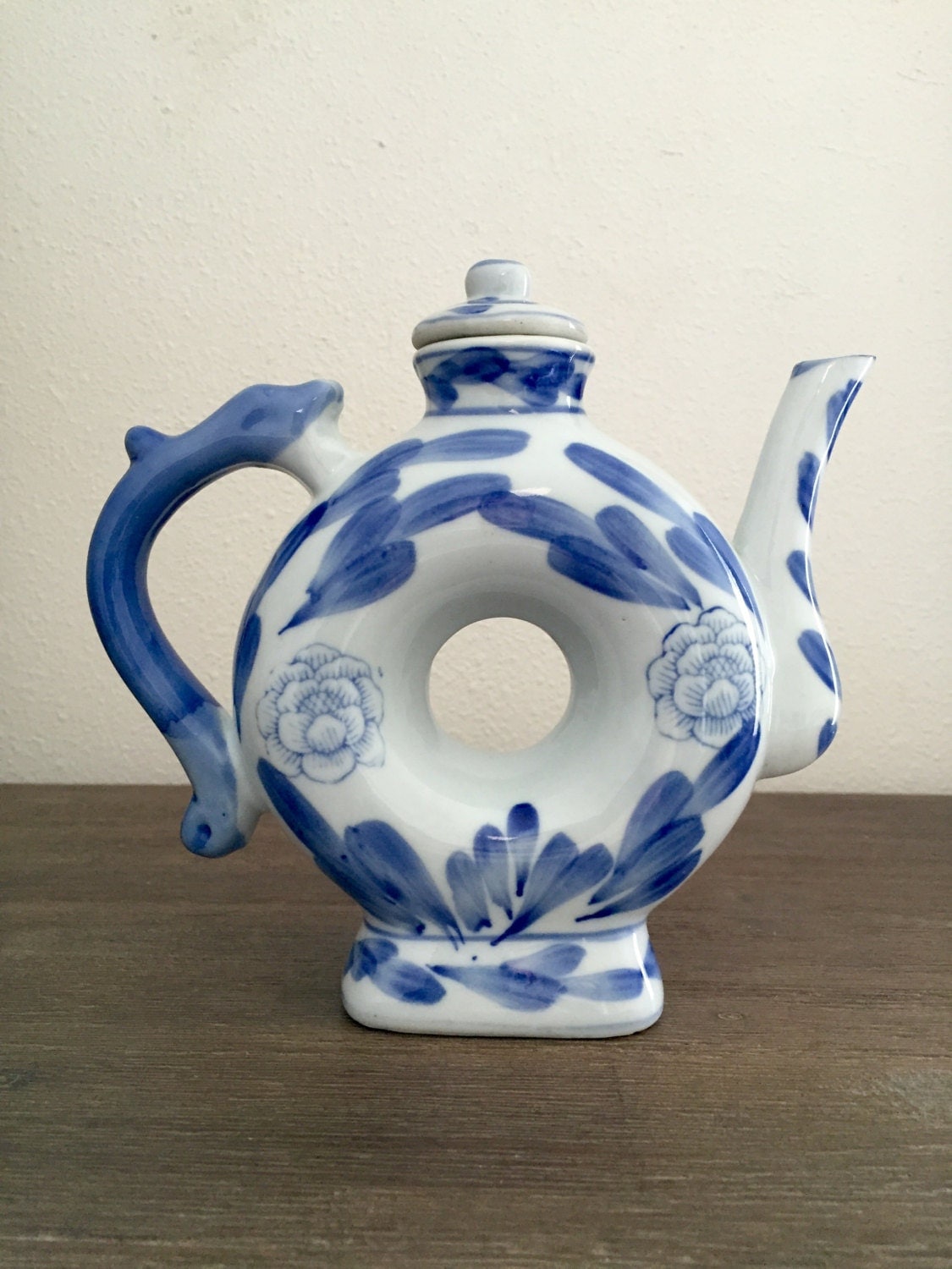 Blue and White Hand Painted Porcelain Donut Shaped Teapot