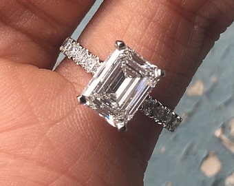 Emerald Cut Diamond Engagement Ring - E VS2 Set In -Platinum-Diamonds Down Shank