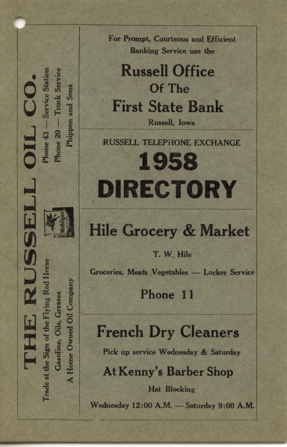 Russell Iowa Old Telephone Book Directory 1958 MINT