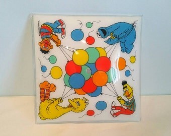 Vintage Sesame Street Glass Light Shade Fixture, Nursery Room, Bert Erie and Big Bird