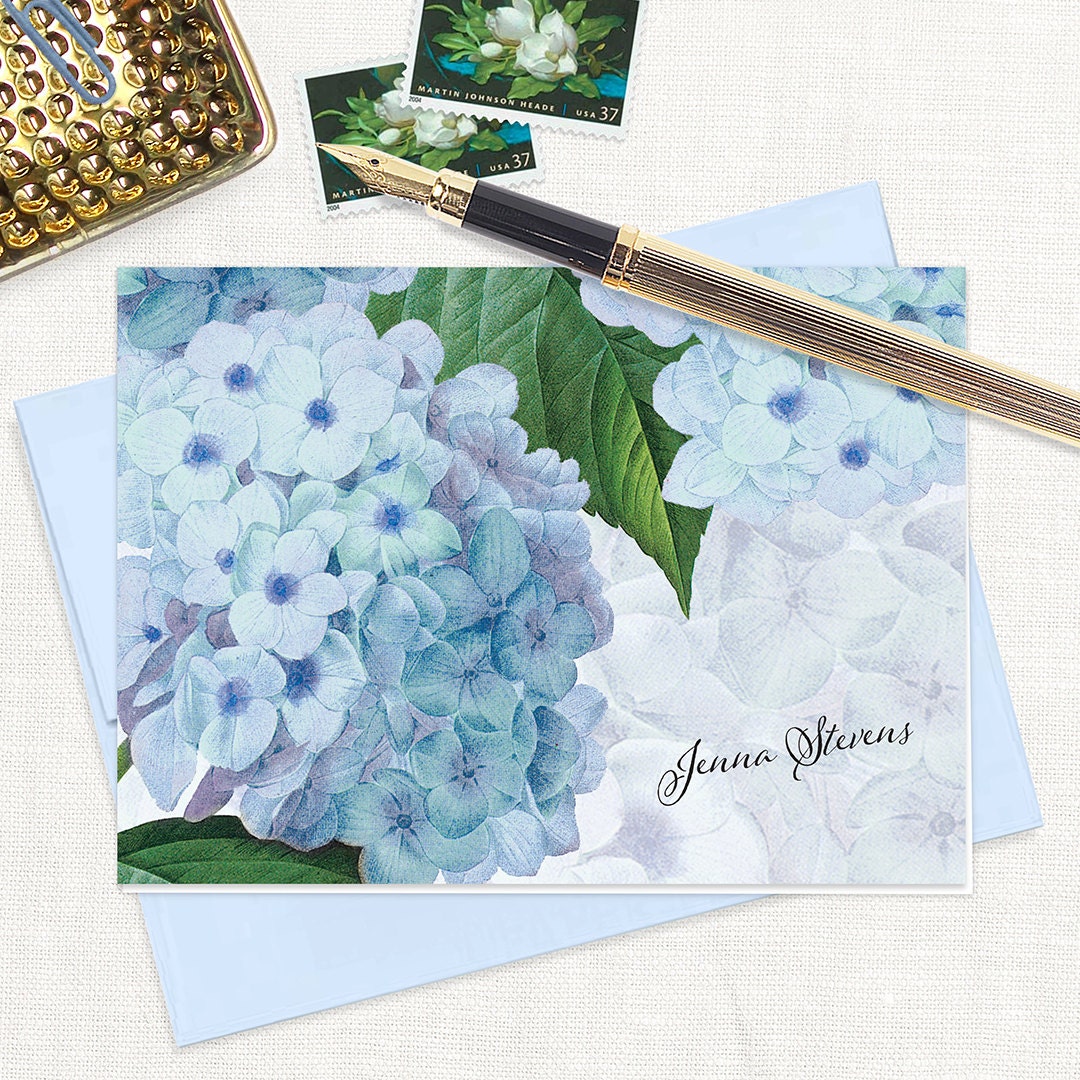 personalized stationery set - BLUE HYDRANGEA - set of 8 folded note cards - stationary - flower - botanical - floral - blue envelopes