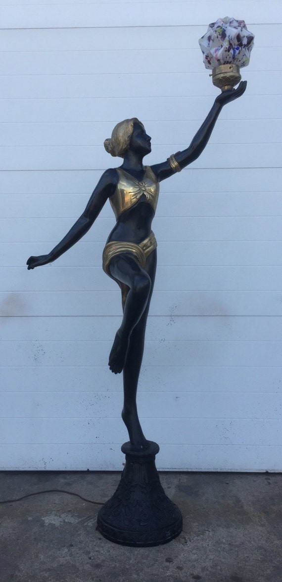 Art Deco Solid Brass Figural Floor Lamp of Woman with Colorful