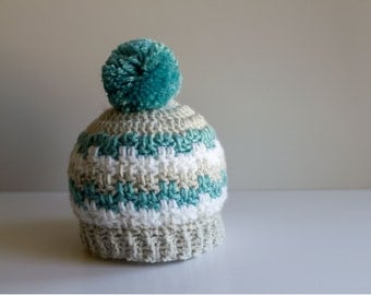 Crochet Baby Boy Hat, Newborn Nephew Gift, Infant Winter Hat, Infant Toboggan, Photography Prop, Striped Pompom Hat, Ready to Ship