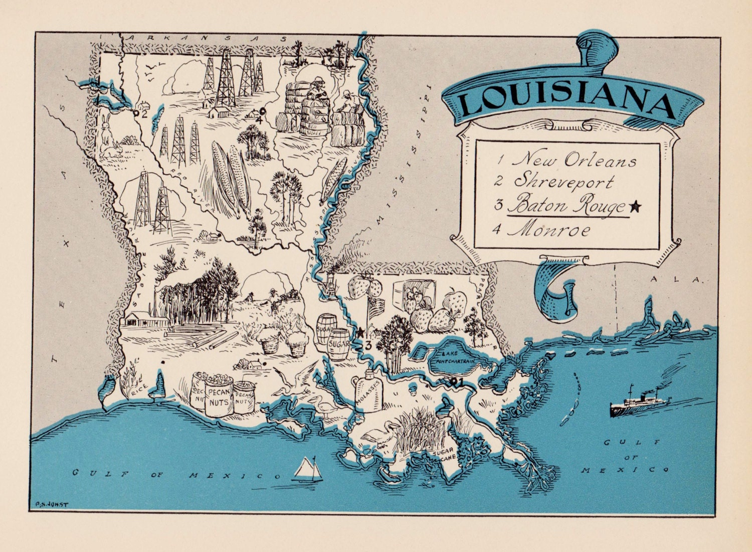 30&#39;s Whimsical LOUISIANA Map of Louisiana State Map Print