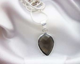 Oval, Drop, Smoky Quartz, Silver Pendant Necklace