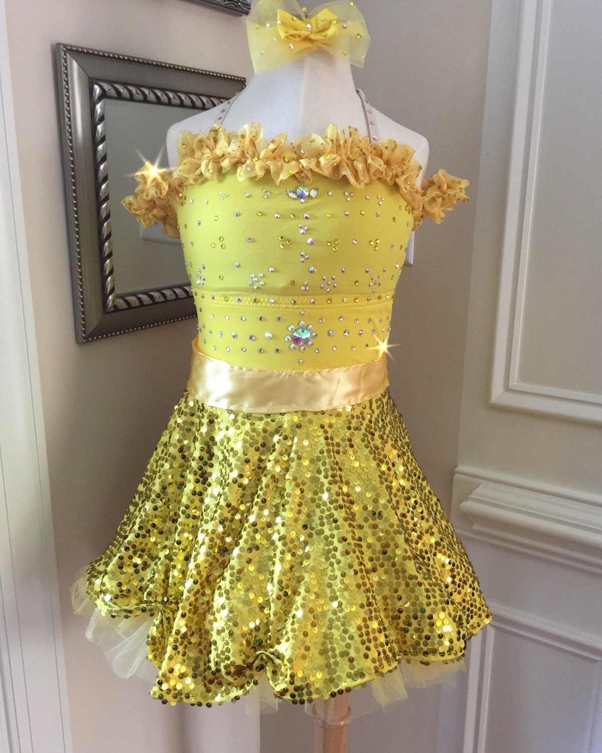 One Piece Custom Dance Costume in Yellow Sequins inspired by