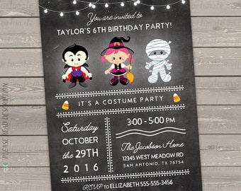 halloween birthday invitation, costume party invitation witch, kids birthday party invites, halloween party invites digital or printed