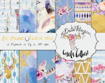 Boho Digital Papers commercial use Tribal paper pack Chic gold and blue flower skulls