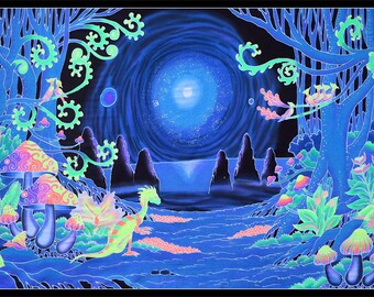 Psychedelic tapestry 'Space Jungle'. UV active trippy wall art, Trippy wall hanging, batik, shrooms, cosmic, space, art decor, blacklight