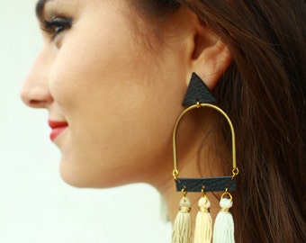 Statement Leather Earrings with Tassle • Long Earrings • Leather Earrings • Geometric Earrings • Tassle Earrings • Fashion Jewellery
