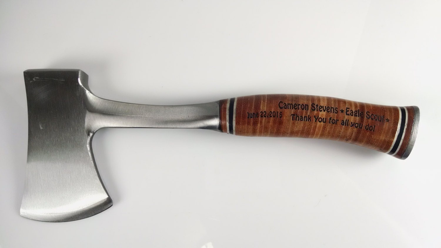 Engraved Axe with Engraved Leather Grip Handle by 5lapwings
