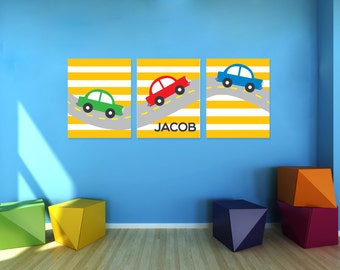 Boys Cute Cars Wall Art, set of 3 - Personalized Nursery Prints - canvas or printable- cars nursery art - boys room art- car theme- baby boy