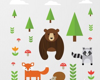 Forest Animals Wall Decal, Bear Wall Decal, Woodland Animals Decal, Fox Wall Decal, Raccoon Wall Decal, Forest Decal, Woodland Decal