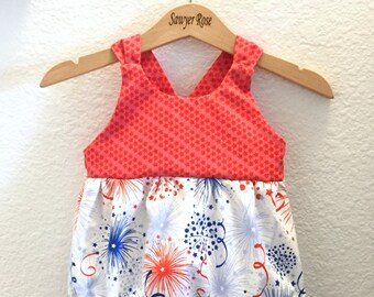 Stars and Stripes Fireworks Big Bow Tie Bubble Romper