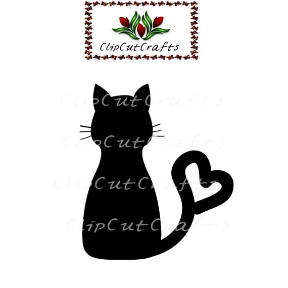 Black Cat Tail Heart Silhouette Cut File Print and Cut Print