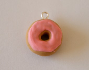 Miniature Donut Charm with Pink Frosting - Polymer Clay Food Jewelry