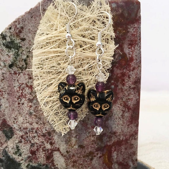 Black Cat Earrings with Amethyst and Swarovski by GaiaStoneDesigns