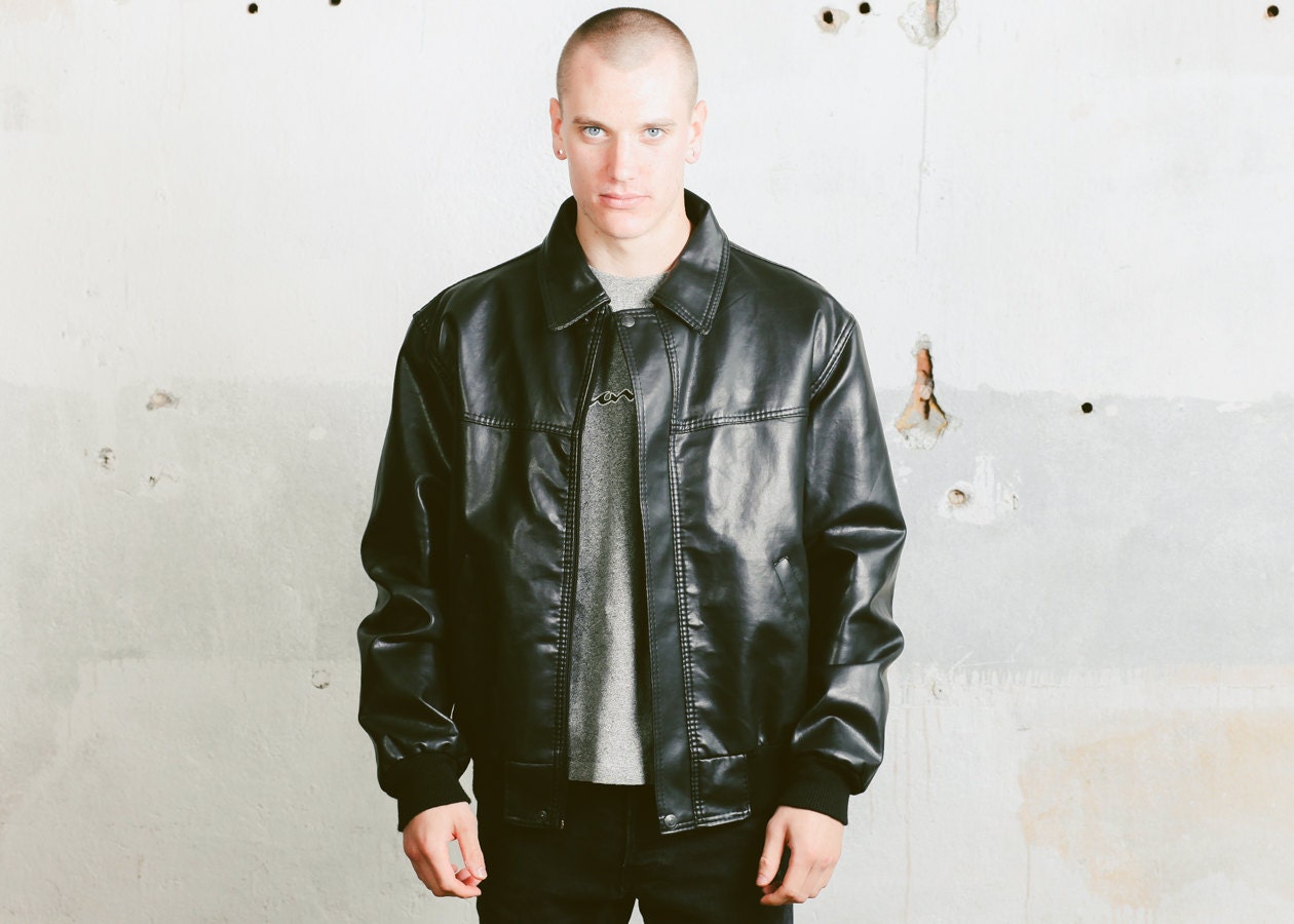Pvc Leather Er Jacket Mens Black Faux Flight Pvc Leather Er Jacket Mens Black Faux Flight Punk 80s Vintage 1980s Aviator Uni 90s Coat Biker Moto Large
