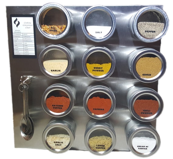 12 Tin Spice Rack Jars Labels Spoons Stainless