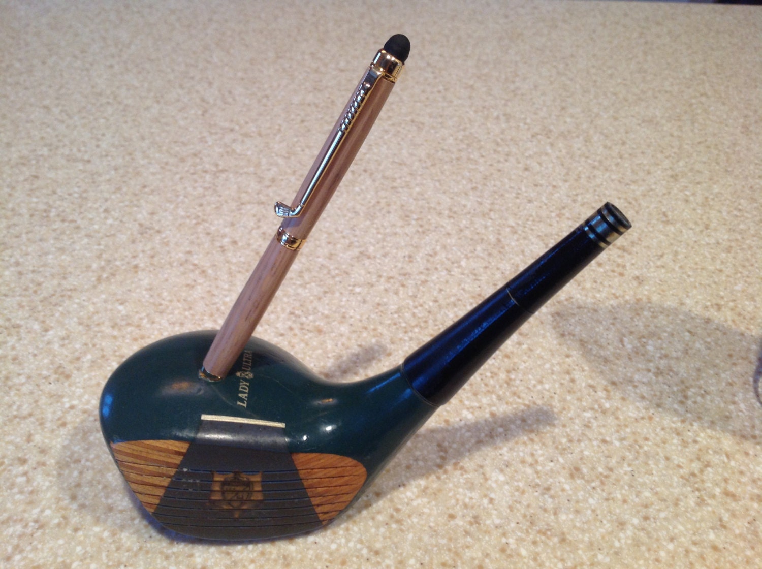 Repurposed Golf Club Pen Holder with Bourbon Barrel Wood Pen