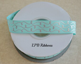 7/8" Aqua silver doodles, aqua grosgrain ribbon, silver foil ribbon, grosgrain ribbon, US Designer ribbon