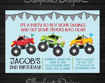 Monster Truck Birthday Invitation, truck, racing, car, 2, 3, 4, 5, first, second, third, boy, simple, custom invite, digital file, you print