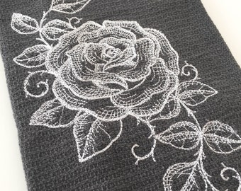 Rose with Leaves Embroidered in a Chalkboard Style onto a Gray 100% Cotton Huck Towel