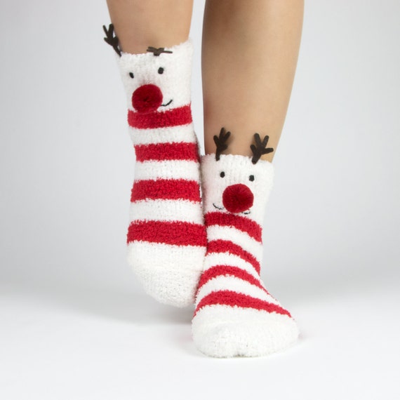 Reindeer and snowflake fuzzy socks with pom pom boxed gift set